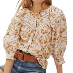 Anthropologie Harmony Lace Peasant Blouse Size Small Floral Bohemian Cottagecore